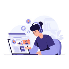 Flat Vector Illustration of Student Studying Online at Laptop Desk