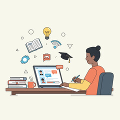 Flat Vector Illustration of Student Studying Online at Laptop Desk