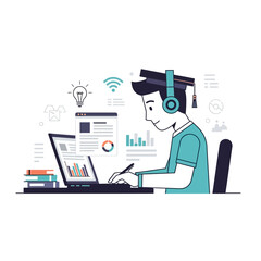 Flat Vector Illustration of Student Studying Online at Laptop Desk