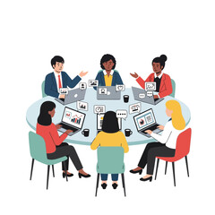 Obraz premium Modern Vector Illustration of Diverse Business People Collaborating Around Table with Laptops