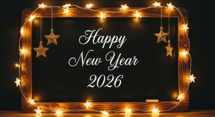 Happy new year 2026 greeting card with star lights and chalkboard frame