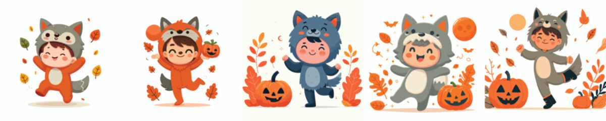 vector of little boy in wolf costume celebrating halloween