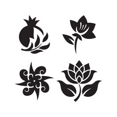 Four black silhouette floral and botanical illustrations on white background