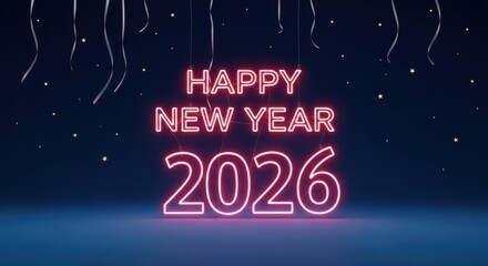 Happy new year 2026 neon sign on dark blue background for celebration