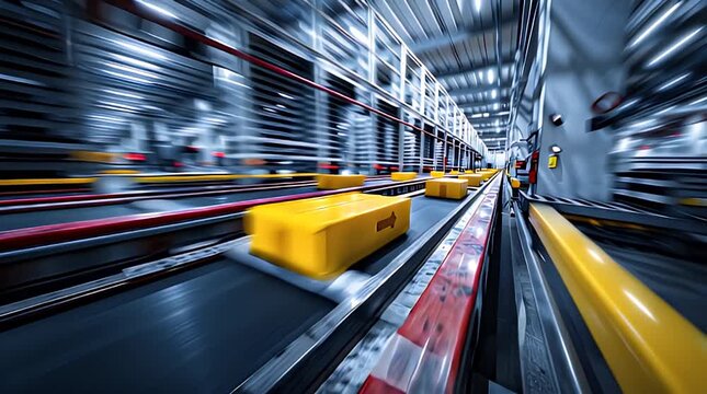 A warehouse interior showing moving yellow boxes on a conveyor system. The shot has a blurred motion effect
