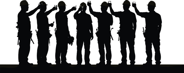 Construction workers lineup, hard hats, safety helmets, ID check, industrial silhouettes, occupational safety, labor force, vector illustration