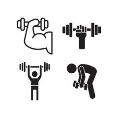 Set of four simple black and white icons representing different weightlifting exercises and muscle groups
