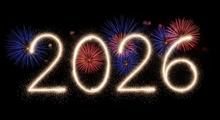 Sparkling 2026 numbers with fireworks on black background, celebrating the new year