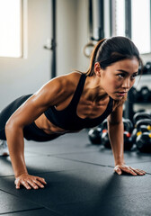 Fototapeta premium Fit Asian woman doing a push-up exercise at the gym. Strong female athlete in a bodyweight strength training workout. Health and fitness concept