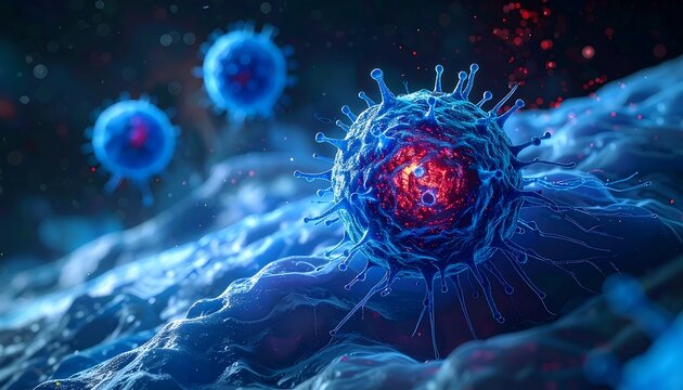 Detailed Microscopic View of Virus Cells with Red Core.