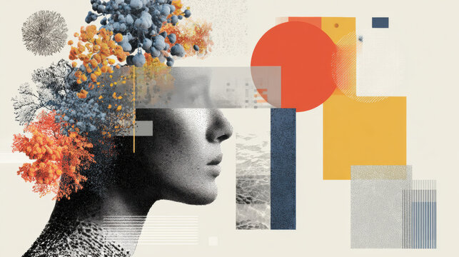 Abstract Portrait with Geometric Shapes and Nature Elements. This artwork features a profile of a person's face integrated with colorful geometric shapes and natural elements, a surreal composition.