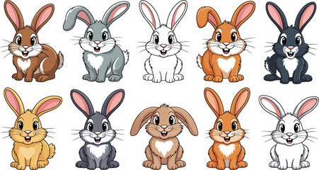 Obraz premium Large Set of Ten Cute Cartoon Rabbit Characters in Various Fur Colors Happy Bunny Collection Vector