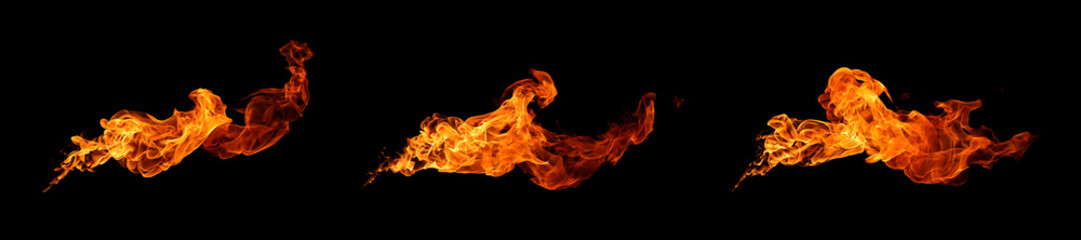 Realistic orange fire flames isolated on black background, dynamic burning texture for explosion effect, energy concept, motion design, or hot element in digital art and visual graphics.