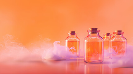 Glowing Potion Jars Poster. Floating neon potion jars with mysterious smoke over orange-pink gradient, Halloween, empty foreground for text, magical poster-style 