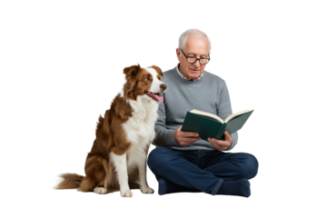 A gentle Border Collie sitting beside an elderly man in casual clothes, the man reading a book and softly smiling at the dog, full-body composition, sharp focus on facial expressions and fur detail, s