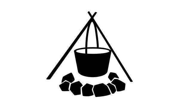 Simple illustration of a camping pot over a campfire with a teepee structure