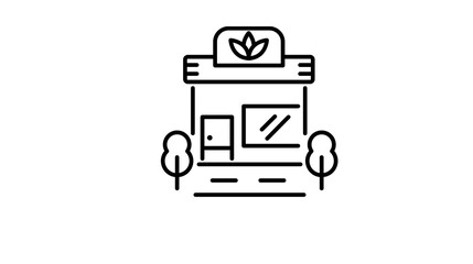 Fototapeta premium Line drawing of a storefront with a leaf logo and trees on either side