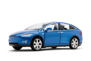  Studio photo of a blue colored modern electric toy car showing the front-left side view with the front partially visible