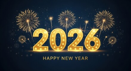 Happy new year 2026 with golden fireworks and glitter on dark blue background