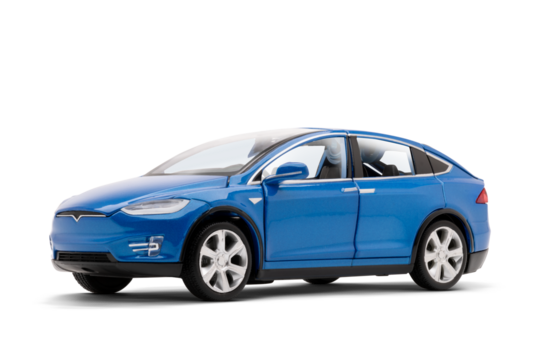  Studio photo of a blue colored modern electric toy car showing the front-left side view with the front partially visible