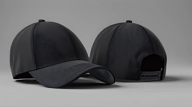 A pair of black, textured baseball caps are displayed on a gray background. One faces forward, the other backward