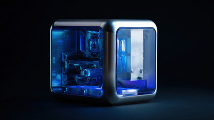 A modern computer with a transparent case and blue neon lighting, showcasing its internal components against a dark background. 3d illustration.