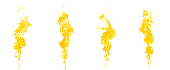 Yellow fire flames isolated on white background, abstract motion of burning energy for creative design, heat concept, power theme, or hot element in digital art and advertising composition.