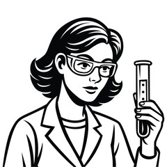 Pin-up girl scientist holding test tube in black and white style