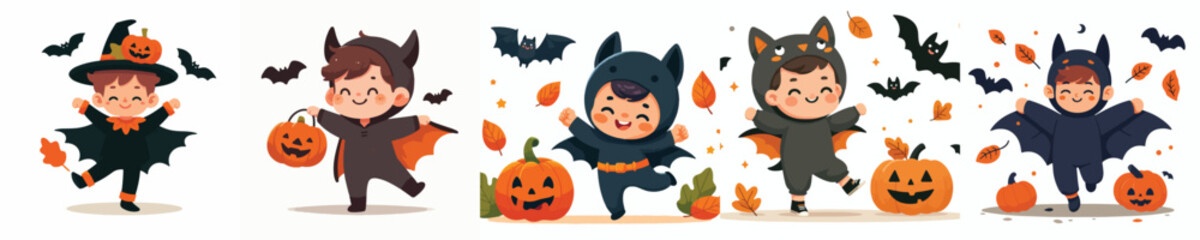 vector of little boy in bat costume celebrating halloween