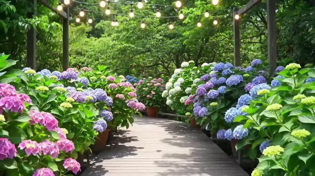 Vibrant Hydrangea Flowers Line a Peaceful Wooden Garden Path Adorned with Magical String Lights