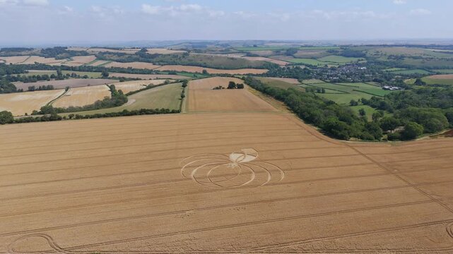 Aerial 4K footage video clip of a mysterious, intricate, geometric crop art, crop circle formation in a wheat/barley field near Cerne Abbas, Dorset, England, UK in 2025