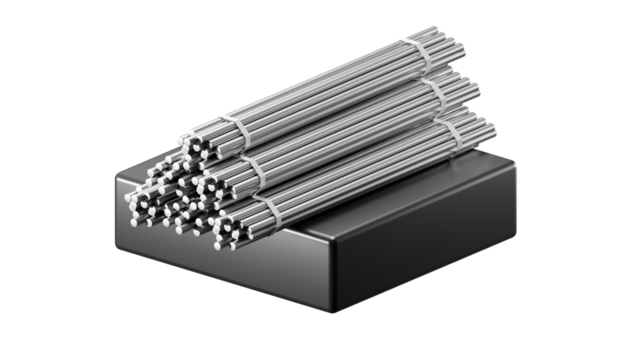Close-up view of bundled steel rods on a black base against a white background