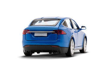 Studio photo of a blue colored modern electric toy car showing the rear view.