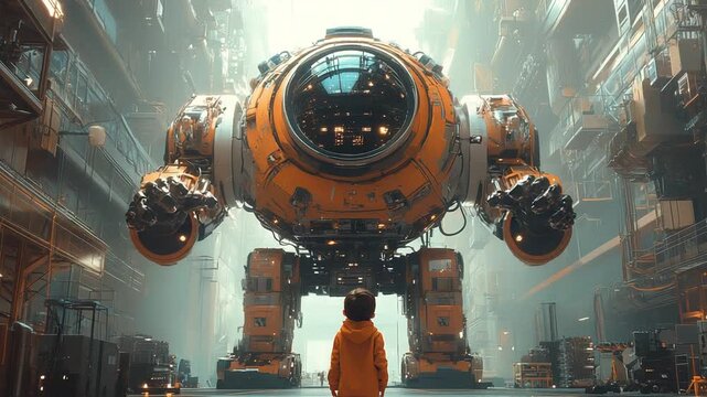 Child encounters giant robot in futuristic industrial setting.