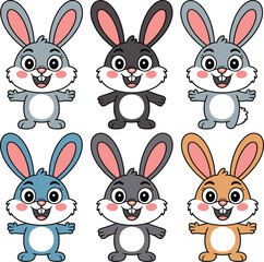 Obraz premium Set of Six Cute Cartoon Rabbit Characters in Various Colors Waving Happy Bunny Mascot Collection Vector