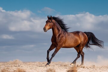Obraz premium Majestic Horse Galloping Through Open Landscape Under Blue Sky
