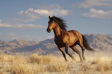 Fototapeta premium Majestic Horse Galloping Through Golden Grasslands at Sunset