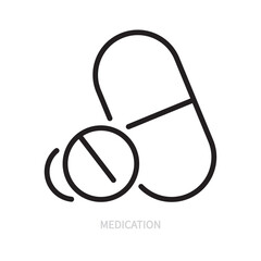 Medication line icon. Medical symbol. Tablet, pills sign. Healthcare concept. Isolated on a white background. Editable stroke. Flat design. Vector illustration.