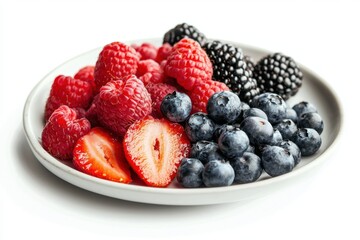 Plate of fresh mixed berries including strawberries, raspberries, blueberries, and blackberries arranged on white dish, showcasing vibrant colors and natural texture