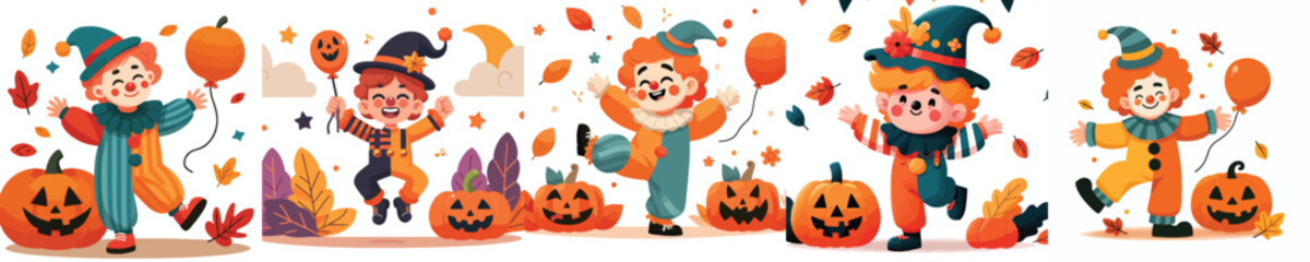 Fototapeta premium Vector little boy in red clown costume celebrating Halloween