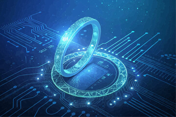 Naklejka premium Glowing ring hovering above a circular platform on a blue circuit board with bright connecting lines