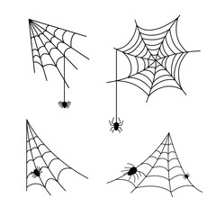 Vector illustration set of spider webs with spiders isolated on white background