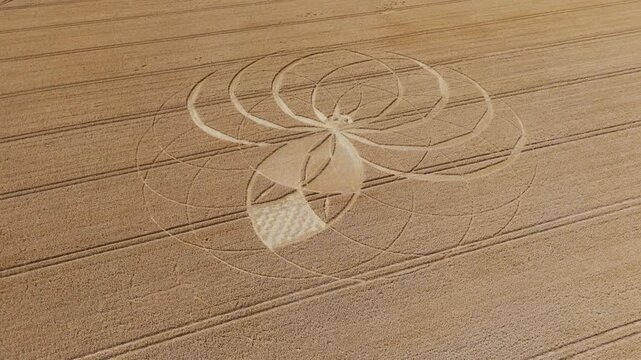 Aerial 4K footage video clip of a mysterious, intricate, geometric crop art, crop circle formation in a wheat/barley field near Cerne Abbas, Dorset, England, UK in 2025