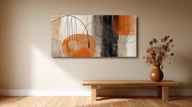 Abstract art on wall above wooden bench with dried flowers - Powered by Adobe