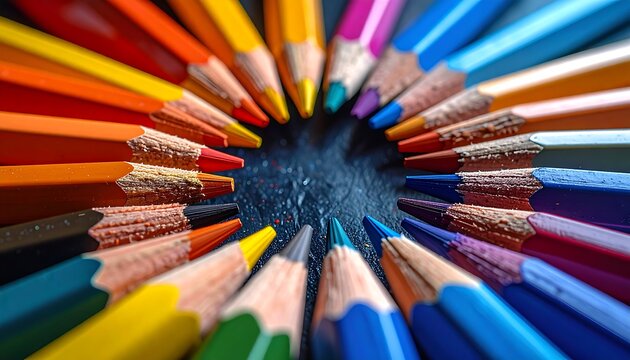 Colorful Pencils Arranged in a Circle with Sharp Focus.