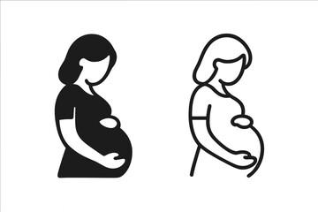Pregnant woman icon vector illustration set. Two versions with transparent background. Maternity symbol, pregnancy silhouette, motherhood, prenatal care, expecting mother design.