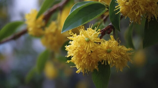 This serene close-up shot captures vibrant yellow botanical blooms, intricately detailed with numerous delicate stamens and fresh green leaves. Each petal and leaf surface glistens with tiny water dro