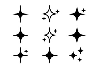 Set of star sparkles icons, black shining stars vector illustration isolated on white background, sparkle button symbol collection, elegant shine decorative elements