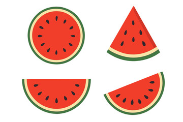 Watermelon tropical fruit vector set, sliced watermelon icons, isolated fresh juicy watermelon slices, summer fruit illustration with seeds, bright red and green tropical food