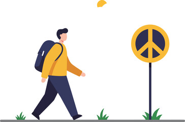 Man walking near peace symbol sign with yellow jacket and backpack vector illustration 